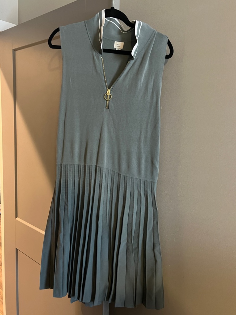 Pleated Sleeveless Polo Dress in Sage Green